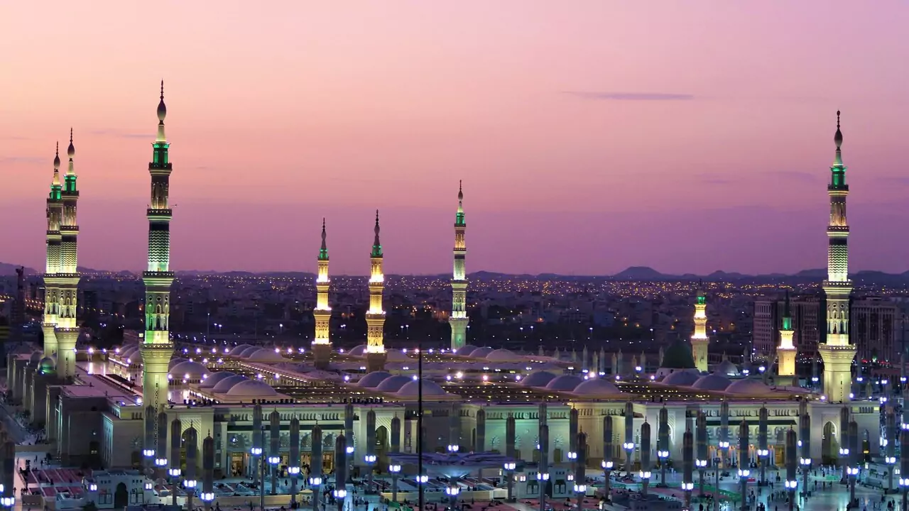 A view of the Grand Mosque in Saudi Arabia, highlighting its impressive design.