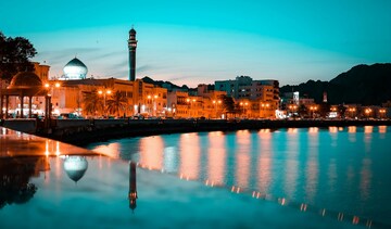 A panoramic view of Oman city, nestled among majestic mountains under a clear blue sky.